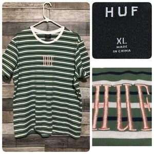 Huf Striped Embroidered T Shirt Men’s XL Green Blue White Short Sleeve